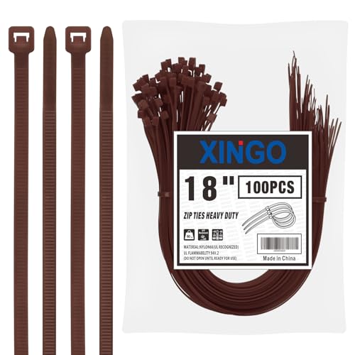 XINGO 18 inch Brown Zip Ties Heavy Duty (100 Pack) Black 60lb Tensile Strength UV Resistant Cable Ties for indoor and outdoor use