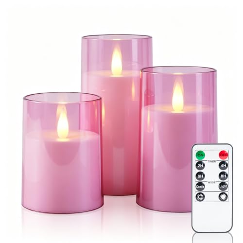 Image of Homemory Realistic Flickering Flameless Pink Candles with Remote & Timer | LED Fake Electric Pillar Candles Battery Operated for Home, Datting, Christmas Decor, Set of 3