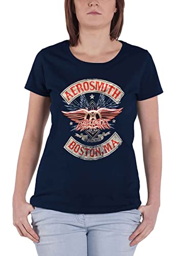 Aerosmith T Shirt Boston Pride Band Logo offiziell Damen Skinny Fit Navy Blau