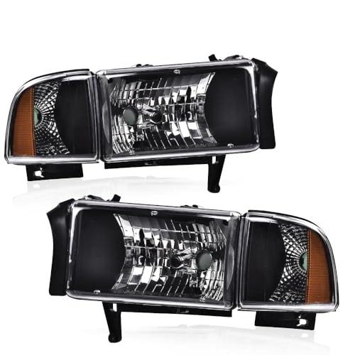 PIT66 Headlights Headlamps Assembly 1 Pair Compatible with 1994-2002 Dodge Ram 1500 2500 3500 Clear Lens Black Housing Amber Reflector Headlamps Front