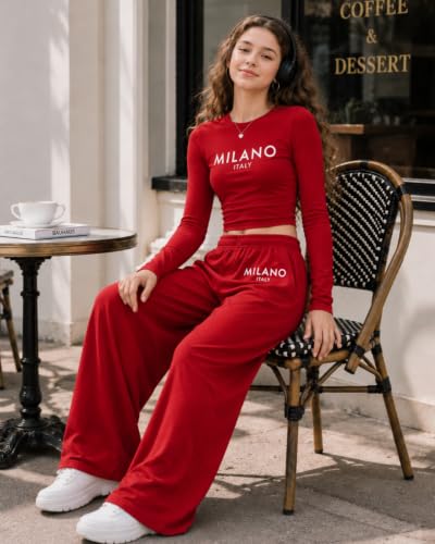 Image of OLMRJKD Girls 2 Piece Outfits Long Sleeve Letter Printed Sweatshirt & Wide Leg Pants Fall Clothing Set Size 7-16 Years