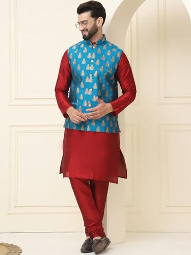 Image of SOJANYA (Since 1958 Men's Silk Blend Kurta Pyjama With Self Design Nehru Jacket