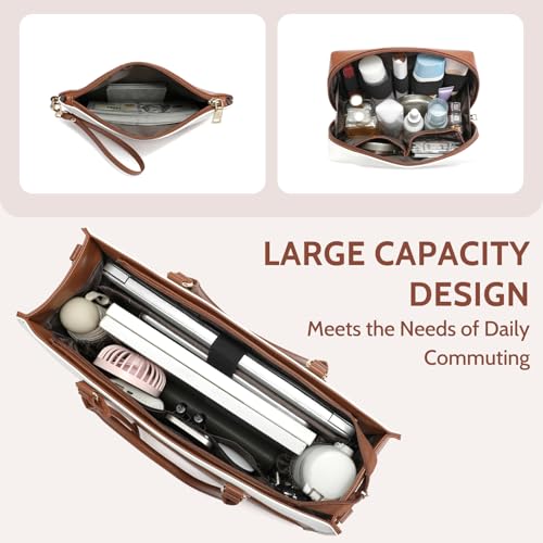Keyli 3pcs Sets Laptop Bag for Women,15.6 Work Tote Bags Waterproof Leather Business Computer Briefcase with Clutch Purses Casual Shoulder Handbag Messenger Bag for Travel Office Brown - image 5