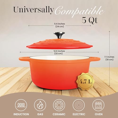 Image of Cast Iron Pot with Lid-Non-Stick Ovenproof Enamelled Casserole Pot, Oven Safe up to 500 F-Sturdy Dutch Oven Cookware - Orange, 5-Quart, 24cm by- Nuovva