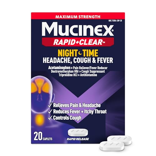 Mucinex Rapid+Clear Nighttime Cold and Flu Medicine for Adults Maximum Strength Cold Medicine for Cough Fever Pain Headache & Runny Nose Relief Rapid Release Caplets for Adults 20 Count