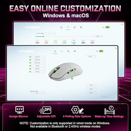 Image of YUNZII M1 Wireless Gaming Mouse, Tri-Mode 2.4G /BT /Wired Gaming Mouse, PAW3311 Sensor 10000 DPI Rechargeable Wireless Mouse with 5 Programmable Buttons, Customizable via Software for Win & Mac (Pink)