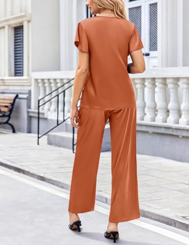 Image of Ekouaer Women's Satin Silky Pajama Set 2 Piece Short Sleeve Shirt with Long Pants Pjs Sets Soft PJ Loungewear S-XXL