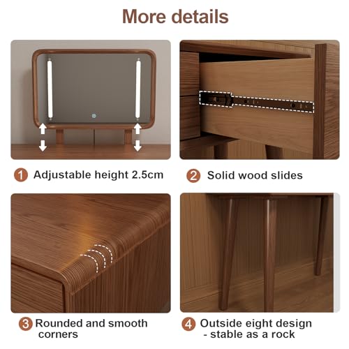 Image of KungFuWood Solid Wood Vanity Desk with Mirror and 3 Lighting Modes,Makeup Vanity Adjustable Height with 3 Drawers,Easy Assemble Vanity Table,Dressing Table for Bedroom