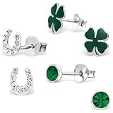925 Sterling Silver Set of 3 Pairs Lucky Irish Set Four Leaf Clover, Crystal Horseshoe, Emerald...