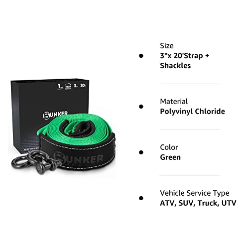 Bunker Indust Tow Strap Recovery Kit,3" X 20Ft 30,000 Lbs Heavy Duty Snatch Strap+Pair 3/4 D Ring Shackles + Bag,4Wd Off Road Accessories Winch Tree Saver Strap For Jeep Atv Utv Suv Truck(Green) #TOP7