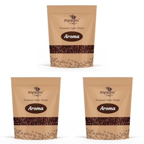 Image of MYSURU COFFEE Premium Whole Roasted Beans [250g - AROMA] | Pure Arabica - 70% | Robusta - 30% | Cafe Blend Medium Roast Fresh Single Origin Coffee (Pack of 3)