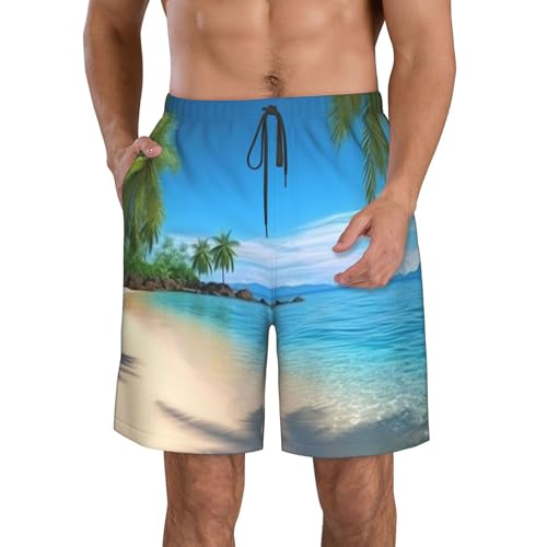 Hawaiian Beach with Palm Trees Men's Swim Trunks Quick Dry Board Shorts with Pockets Casual Drawstring Beach Shorts