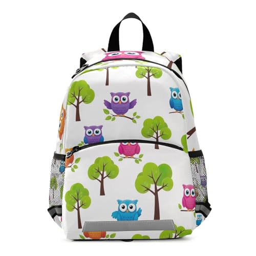 Cute Colorful Cartoon Owls Toddler Boy Backpack with Leash, Small Kids School Backpacks Travel Backpack