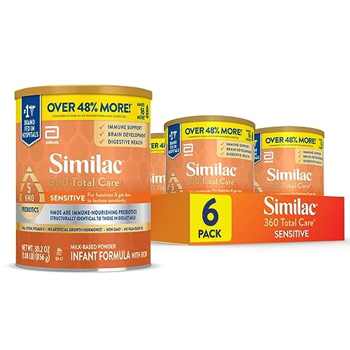 Image of Similac 360 Total Care Sensitive Infant Formula for Fussiness & Gas Due to Lactose Sensitivity, Has 5 HMO Prebiotics, Baby Formula Powder, 30.2-oz Tub, Pack of 6