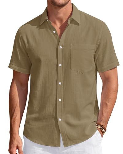 Image of J.VER Mens Linen Shirt Short Sleeve Button Down Casual Summer Shirts | Cotton Linen, Untucked, Big Tall, from Beach Camp Vacation, Cruise Fishing, Work Office, to Wedding Party Family, with Pocket