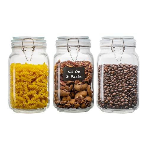 LOOIOOJ 50oz Square Glass Food Storage Jars with Airtight Clamp Lids 3 Pack