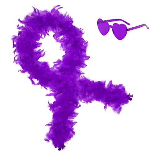 SHENYI 2Pcs Colorful Fancy Dress Feather Boa Set 6.6ft Feather Boa with Heart Rimless Sunglasses for Women Artificial Fluffy Boa Decorations wit for Dancing Wedding Party Cosplay Halloween (Purple)