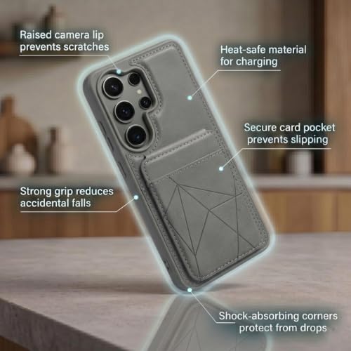 Image of amazon basics Premium Vegan Leather Back Cover with Card Holder and Integrated Mobile Stand for Samsung Galaxy S26 Ultra 5G - Slim Shockproof Wallet Case with Geometric Stitching [Gray]