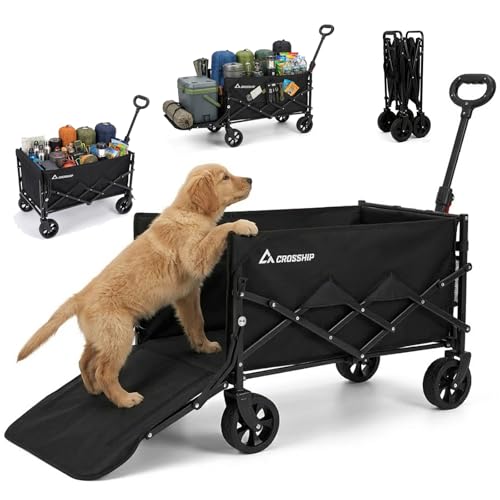 CROSSHIP Folding Pet Wagon for Dogs - 330 Lbs Heavy Duty Dog Cart All-Terrain Collapsible Wagon for Beach Shopping & Camping Garden Cart with Drop-Down Tailgate for 1 Medium Dog or 2 Small Puppies