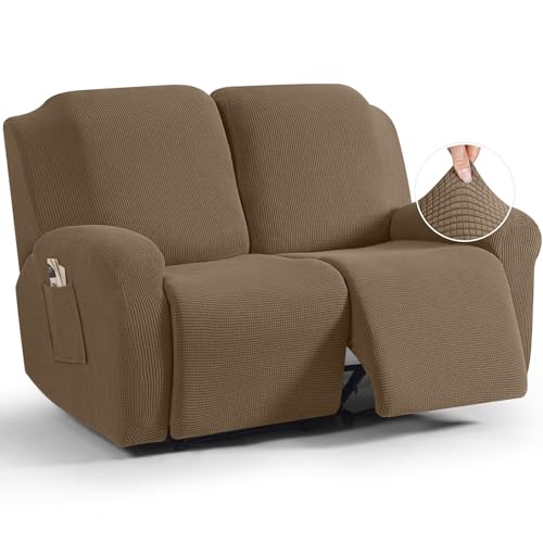 Image of TAOCOCO Recliner Loveseat Slipcover, 6 Pieces Dual Recliner Sofa Covers for 2 Seat Dual Reclining Loveseat Couch, Stretch Soft Jacquard Pattern Furniture Protector with Elasticity (Khaki)