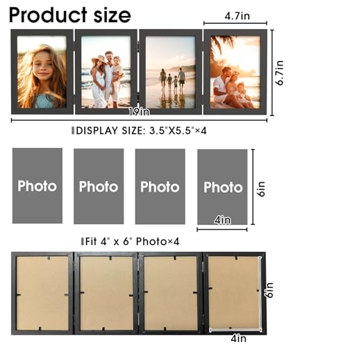 WARM&LOVE 4 Picture Frame, 4x6 Four Folding Hinged Photo Frames, Rustic Wood Desk Family Photo Collage Stand Vertical on Tabletop for Birthday Family Lover Gift (Black) - Image 2