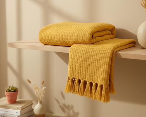 Image of Furnistitchs Bohemian Cotton Sofa Throw Blanket 50x60 inches | Waffle Knit & Chevron Pattern with Fringes | Aesthetic Decorative Couch Throw for Living Room & Bedroom (Mustard Waffle)