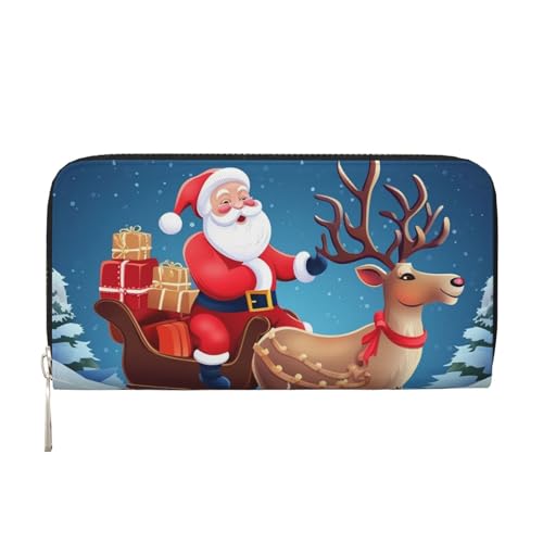 Christmas Santa Deer Leather Wallet For Women Girl, Zip Around Credit Card Holder Long Pu Wallet Clutch Purse Waterproof Travel Handbag