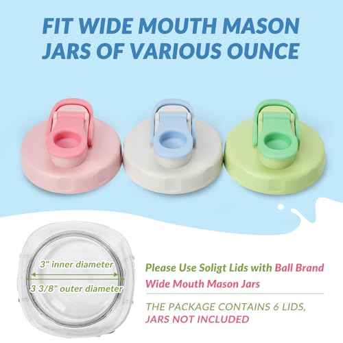 Image of Soligt 6 Pack Colorful Mason Jar Lids, Wide Mouth Pour Spout Flip Cap Lids for Ball Brand Mason Jars, Leakproof, Portable & Refrigerator Safe (2 Gray Blue Lid, 2 Light Green, 2 Classic Pink)