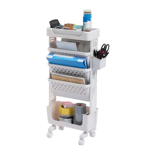 AGTEK 5-Tier Rolling Cart Study, Book Storage Cart, Magazine Rack, Slim Design, Top Shelf, Office Bookcase, Living Room Storage Rack, Large Capacity, Classroom, White