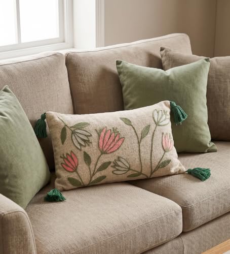 Image of Furnistitchs Boho Rectangle Cushion Cover 12x20 inches | Handmade Decorative Throw Pillow Case | Bohemian Home Decor Sofa Bed Cushion Cover Living Room Bedroom (1, Pink Tulips, 12x20 inches)
