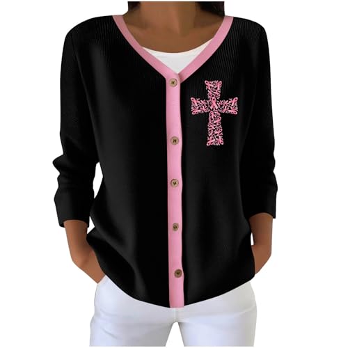 Black 5XL Women's Cardigan Sweater with Breast Cancer Print and Color Block Design