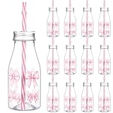 Chuangdi 12 Sets 8. 5 oz Pink Bow Milk Bottles with Straws Lids Stickers Plastic Baby Bottles for Baby Shower Reusable Aesthetic Pink Bow Tumbler for Party Favors Birthday Supplies