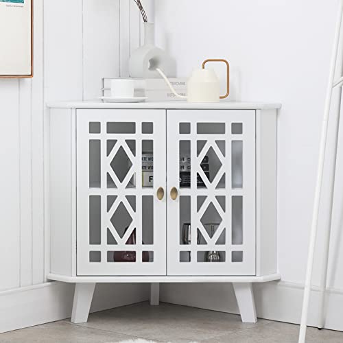 Scurrty Corner Shelf Stand, Small Corner Table Sideboard Cabinet With 2 Doors And 2-Tier Shelves, Free-Standing Corner Storage Organizer For Living Room, Dining Room & Bathroom (White) #TOP1