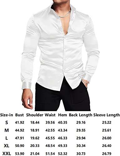 Urru Men's Luxury Shiny Silk Like Satin Dress Shirt Long Sleeve Slim Fit Casual Muscle Button Up Shirts White L #TOP3