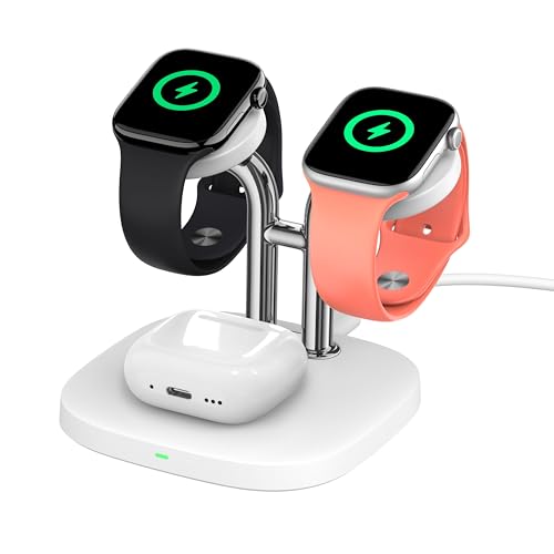 Dual Watch Charger with Fast Charging for Apple Watch SwanScout 704A 3-in-1 Wireless Charging Station Stand for Apple Watch Ultra 3/11/10 Wireless Charger Dock for AirPods Pro 3/4 (White & Silver)