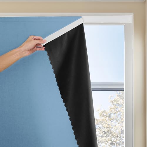 Jilron Magic Tape Stick on Portable Curtains for Windows,Bedroom Blackout Curtains for - Thermal Lnsulated No Drill Curtains Room Darkening Black Small Drapes(1 Panels,47Wx54L inch-Sky Blue)