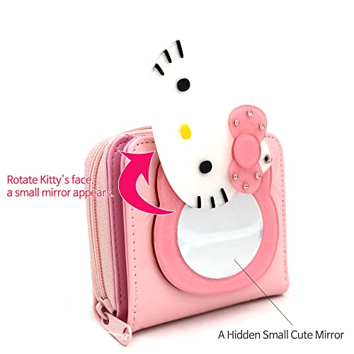Hello-Kitty Rotating Secret Mirror Zipper Bifold Small Pink Perl Purse Zip Around Vegan Leather Wallet Cards Coin Pocket Bill Slot for Women Girls3