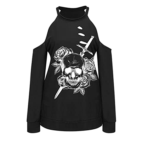 Briskorry Halloween schoudervrij shirt met lange mouwen uitgesneden gat skelet print patroon casual hemd lange mouwen blouse herfst winter basic tops casual bovenstuk festivalkostuums - Image 4