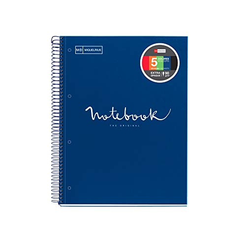 Miquel Rius 46089 - Cuaderno Espiral Microperforado, Cubierta Cartón Extraduro, Tamaño A5 148 x 210 mm, 2 taladros, 120 Hojas de 90 g/m² y 5 Franjas de Color, Cuadrícula de 5 x 5 mm, Color Marino