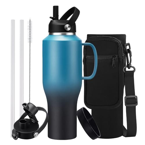 Image of 40 oz Insulated Cup with Handle - Stainless Steel Water Bottles with Straw & Auto Chug Lids, Carrier Pouch, Water Metal Coffee Tumblers Metal Flask, Fits in Cup Holder Leak Proof, Keep Cold 48h
