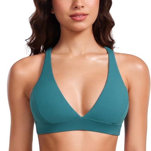 Image of CRZ YOGA Butterluxe Deep V Neck Sports Bras | Light Support, Removable Pads, Yoga, Extremely Soft, Cross Back, Spaghetti Straps, for Women