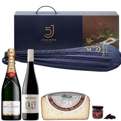 ENOVINOS Cesta Gourmet Regalo Navidad Empresas, Familia y Amigos - Caja con Paleta 5 Cinco Jotas, Champagne Moët & Chandon, Vino Blanco Natureo, Queso Molinos y Rocas de Chocolate de Raúl Asencio