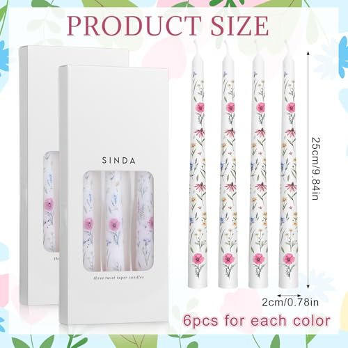 Threlaco 12 Pcs Floral Taper Candles 10 Inch Tall Unscented Spring Flower Candlesticks Unique Printed Flower Unscented Tapered Candles Gifts for Dinner Table Spring Wedding Baby Shower Decor by Threlaco - Used condition - Image 2