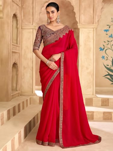 Image of AKHILAM Women's Satin Sequence Embroidery Saree With Unstitched Blouse Piece(SNDLWOD1601 TFH Parent)
