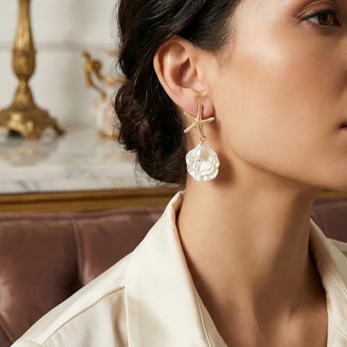 Image of Gold Starfish Mermaid Tail Dangle Drop Earrings for Women, Trendy Cute Pearl Fish Tail Shell Textured Hoop Dangling Earing Summer sea Beach Jewelry Gift.