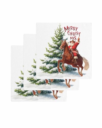 Hokiten Western Cowboy Christmas Waffle Kitchen Towels Dishcloths, Santa Xmas Tree Snowflake Absorbent Dish Towels | Hand Towels for Bathroom/Bar, 12 x 12 Inch, 3 Pcs