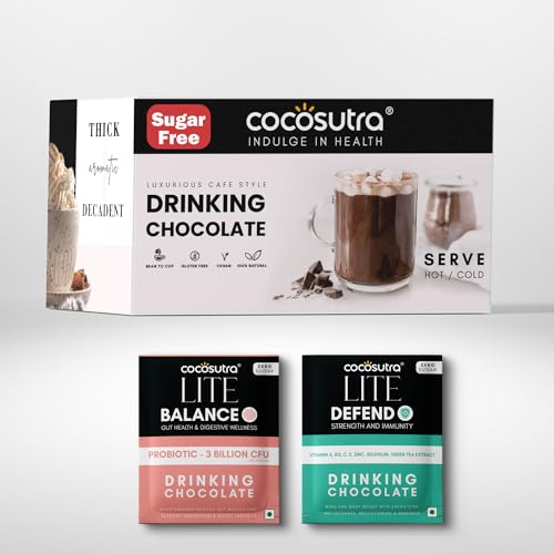 Image of Cocosutra BALANCE & DEFEND Sugar Free Drinking Chocolate Hamper | 2 * 10 Single Serve Sachets | For Gut Health & Immunity | Low Carb, Low Calorie | Stevia & Erythritol based | 400g