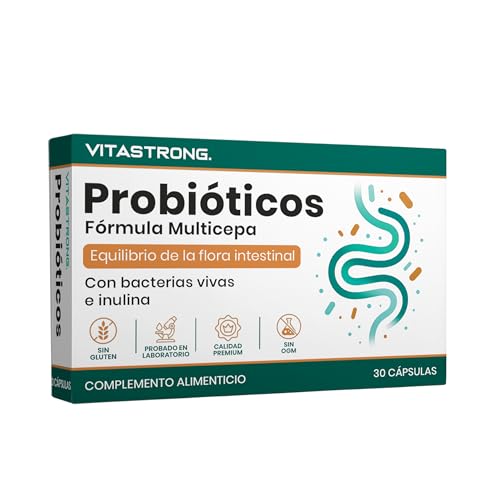 Prebioticos y Probioticos Vitastrong Veganos, Fórmula Multicepa con Bacterias Vivas, Inulina, Saccharomyces Boulardii, Cápsulas Gastroresistentes, Sin Estearato de Magnesio y Testado in Laboratorio