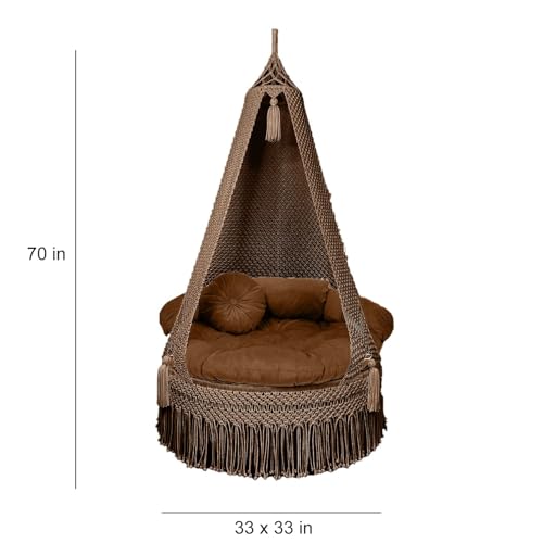 Image of Macrame Hanging Chair Swing with Cushion | Handmade Boho Hammock Chair for Adults & Kids | Indoor Outdoor for Balcony, Living Room, Bedroom, Patio & Garden (Brown)