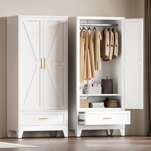 Image of Metal Wardrobe Closet for Bedroom, 71 inch Freestanding Armoire Wardrobe with Drawer and Shelf, Hanging Rod Clothing Storage Cabinet with Two Doors, Tall Farmhouse Clothes Cabinet Bedroom Armoires